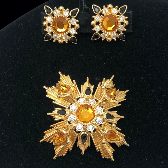 JOAN RIVERS STARBURST AMBER, GOLD & BLACK BROOCH - Picture 11 of 14